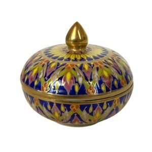 Thai Benjarong Porcelain Bowl Trinket Dish with Lid Hand Painted Blue Gold